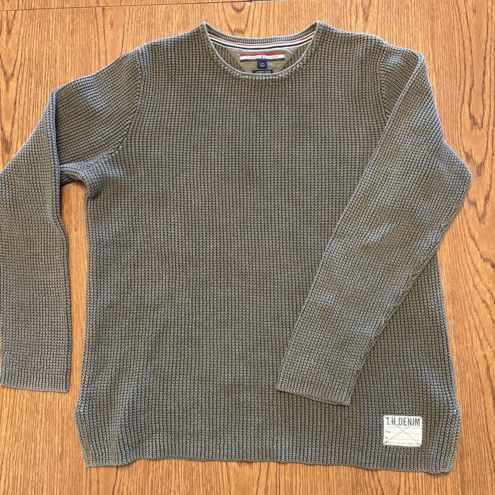 Tommy Hilfiger TH Denim Waffle Knit Sweater Men's L Olive Green Garment Dyed